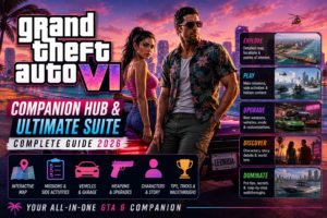 GTA 6 Companion Hub logo featuring the iconic Vice City neon aesthetic with palm trees and sunset skyline