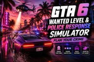 GTA 6 wanted level police chase with helicopter and neon city at sunset
